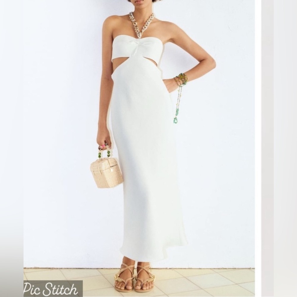 NWT. Zara Ecru Cut-Out Midi Dress with Chain Detail. Size xl